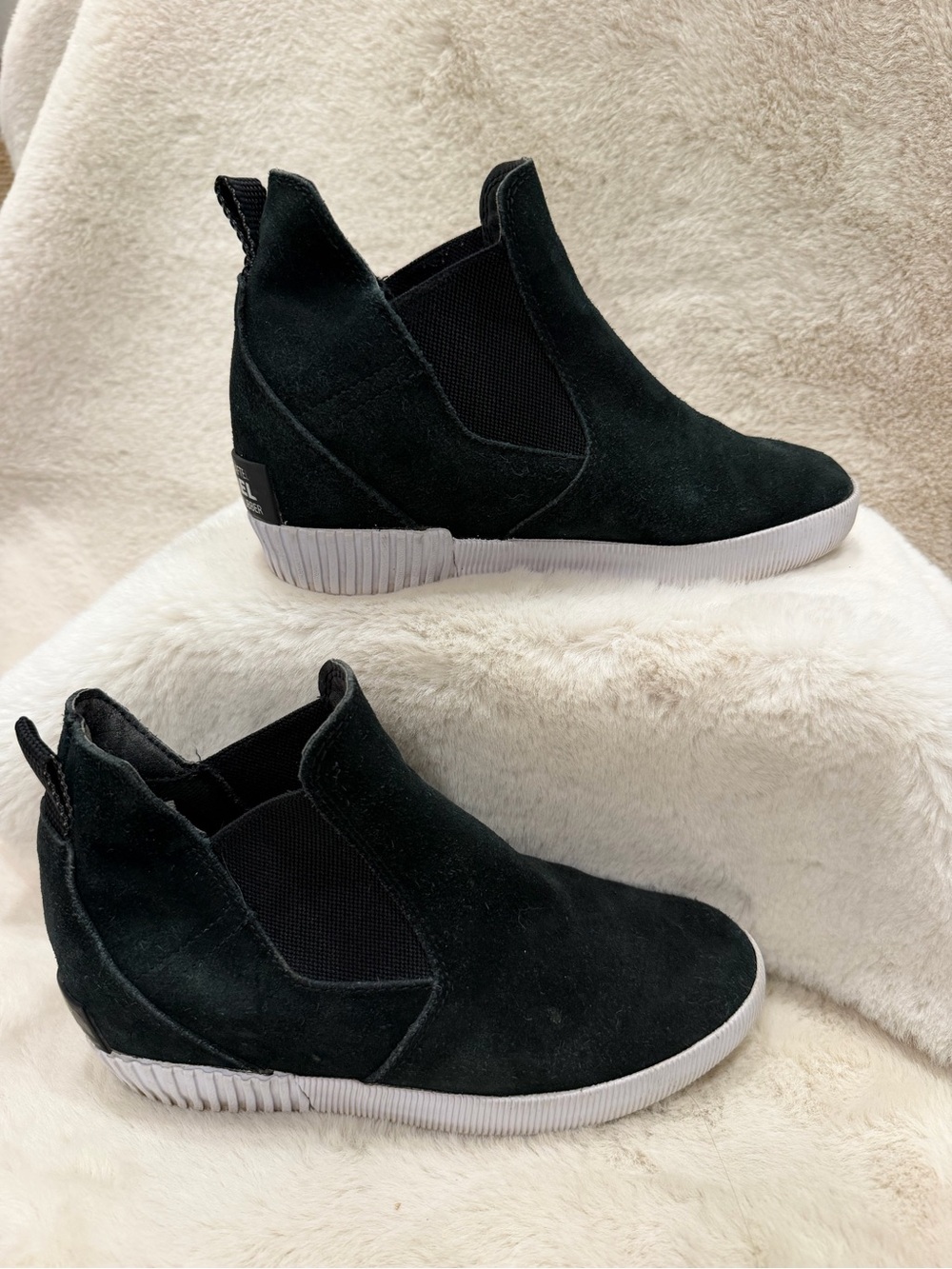 Sorel Black Suede Wedge Ankle Booties with White Sole
